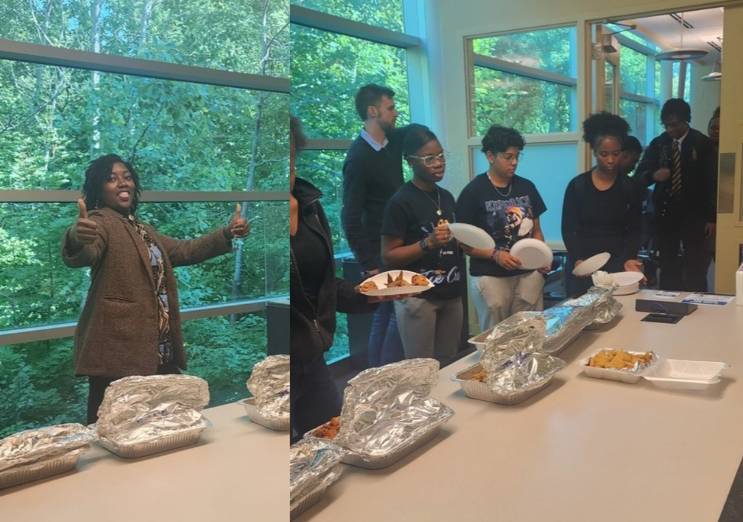 Two photos combined, first photo Jakia Marie posing with two thumbs up in front of a table of food, second photo same location, students getting their free food